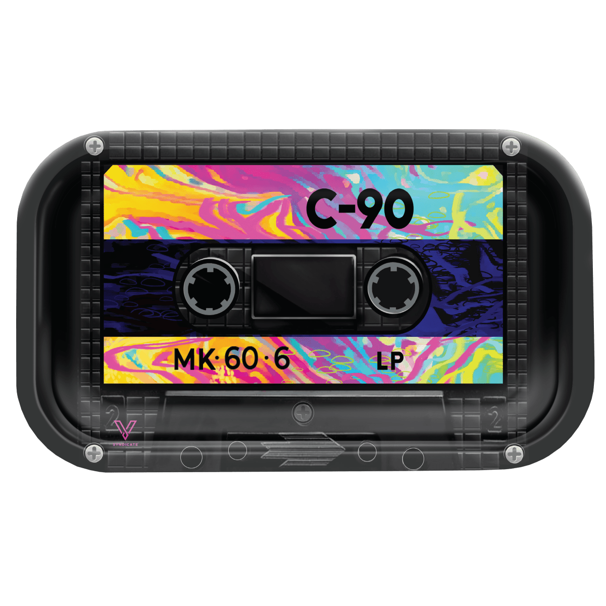A top-down view of the V-Syndicate Metal Rolling Trays, featuring a vibrant, swirling pattern on a metallic surface.