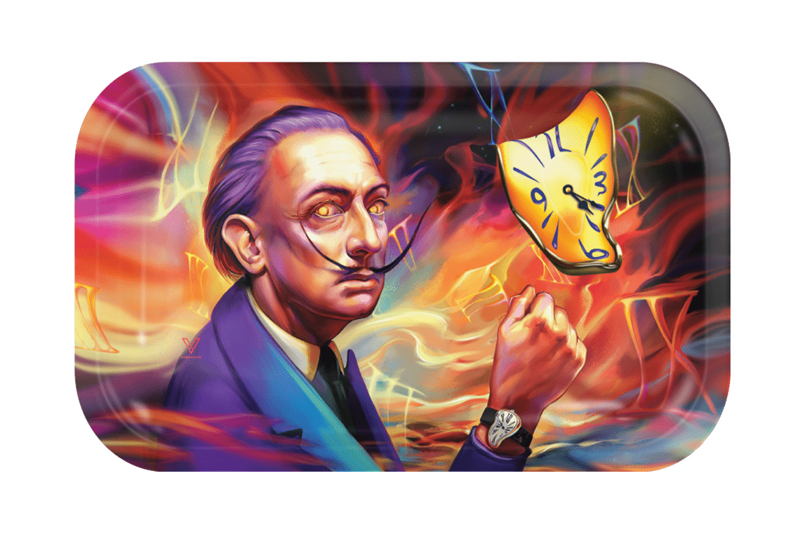 A vibrant, artistic depiction featuring a man in a suit, as seen on the V-Syndicate Metal Rolling Trays, with colorful light streaks surrounding him.