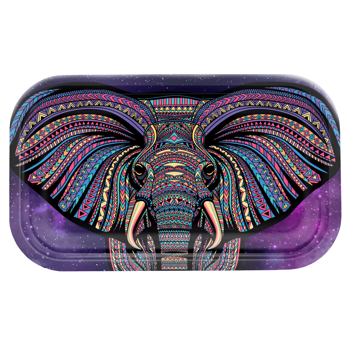 A top-down view of the V-Syndicate Metal Rolling Trays, featuring a patterned design against a dark, speckled background.