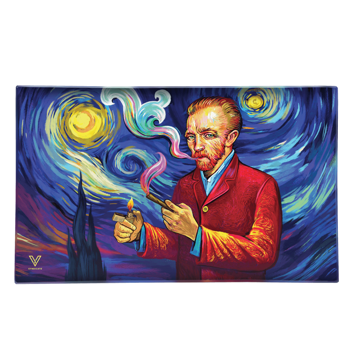 A vibrant, painterly depiction featuring a man resembling Van Gogh, showcased on the V-Syndicate Glass Rolling Trays.