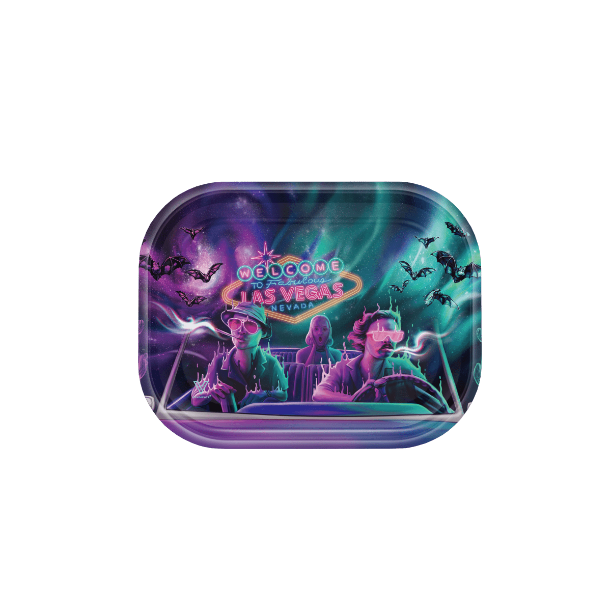 Overhead view of the V-Syndicate Metal Rolling Tray displaying a vibrant, detailed graphic design on a silver metal surface.