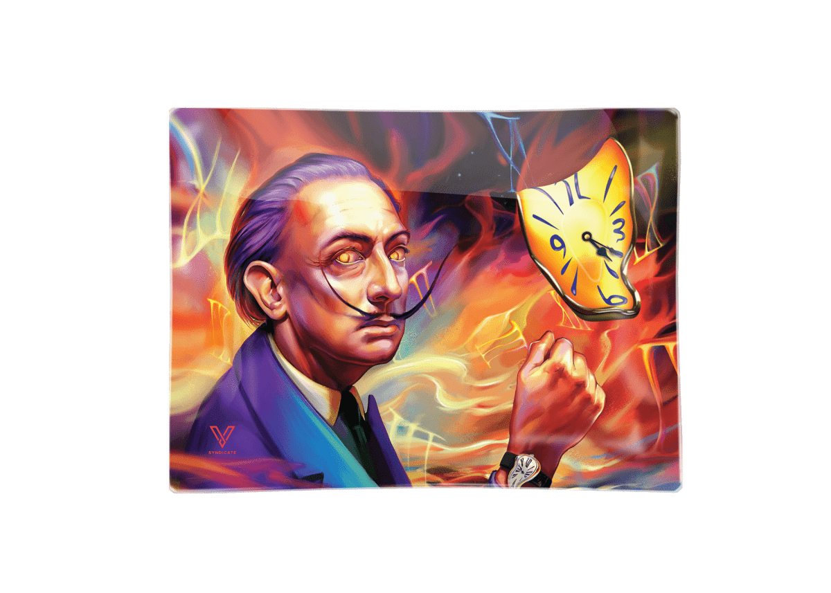 A close-up of the V-Syndicate Glass Rolling Trays depicting a surreal, dreamlike portrait with vibrant colors and distorted features.