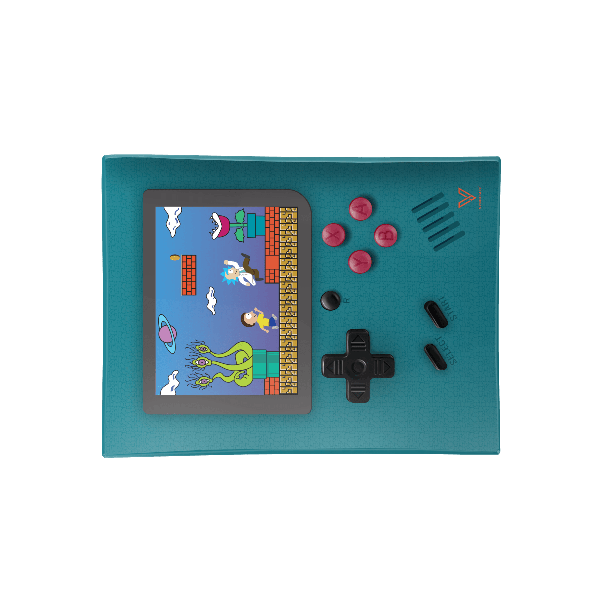 A top-down view of the V-Syndicate Glass Rolling Trays displaying a colorful, cartoon-style design on a flat surface.