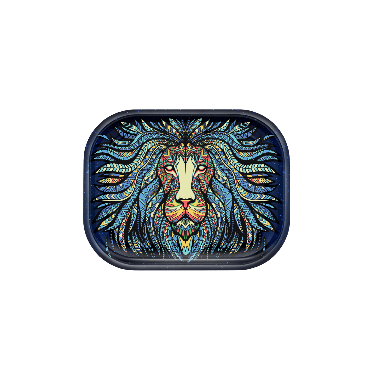 The V-Syndicate Metal Rolling Trays display a lion’s face graphic in a vibrant, artistic style with a dark background.