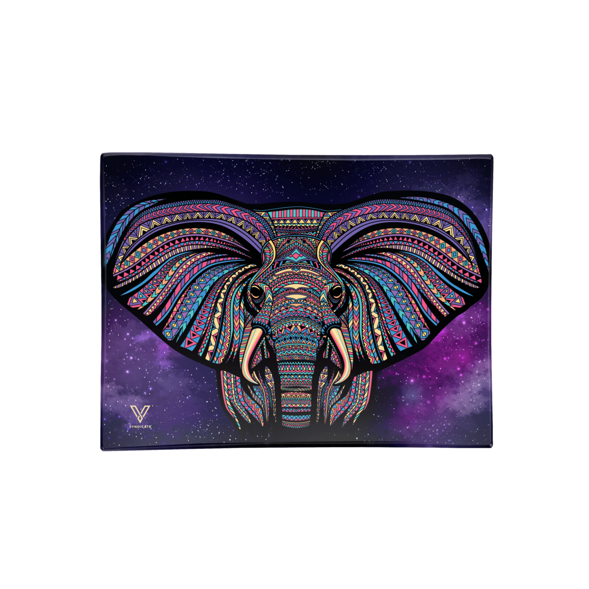 The V-Syndicate Glass Rolling Trays showcase a vibrant elephant head design against a dark, speckled background.