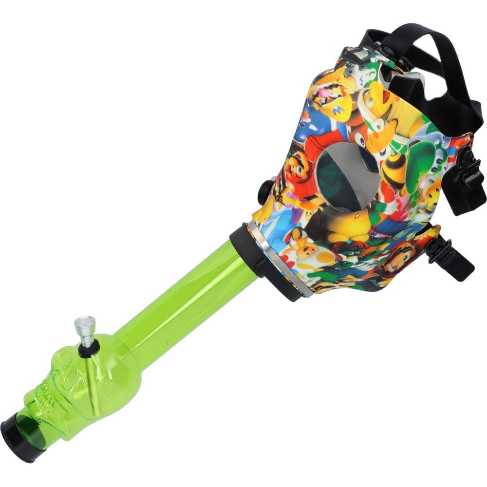 A vibrant, angled view of the Assorted Gas Mask w/Vibrant Design, showcasing its colorful pattern and detailed construction.