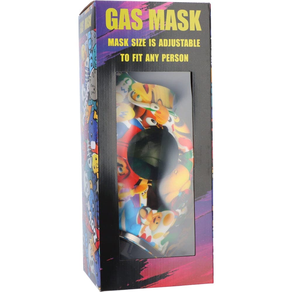 Front view of the Assorted Gas Mask w/Vibrant Design, showcasing a colorful, patterned mask against a dark backdrop.