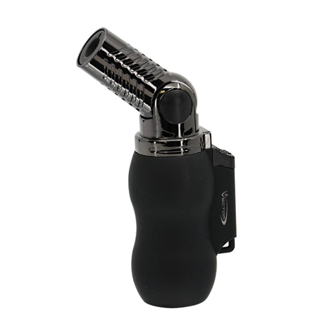 A close-up shot of the black Vector Vantage Mini Torch with a silver nozzle, angled against a plain white background.
