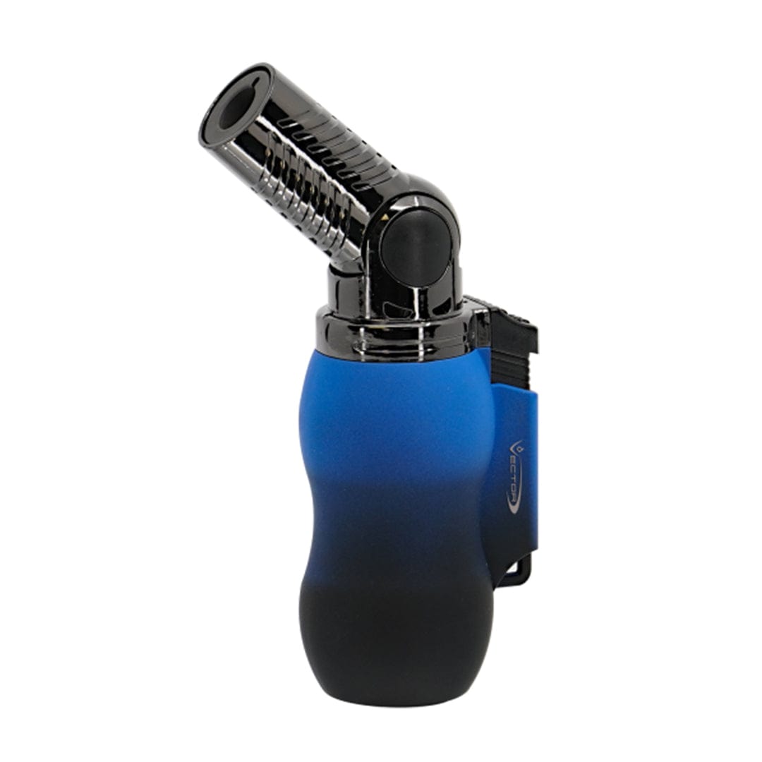 Close-up angled view of the Vector Vantage Mini Torch with a blue grip and silver metallic nozzle.