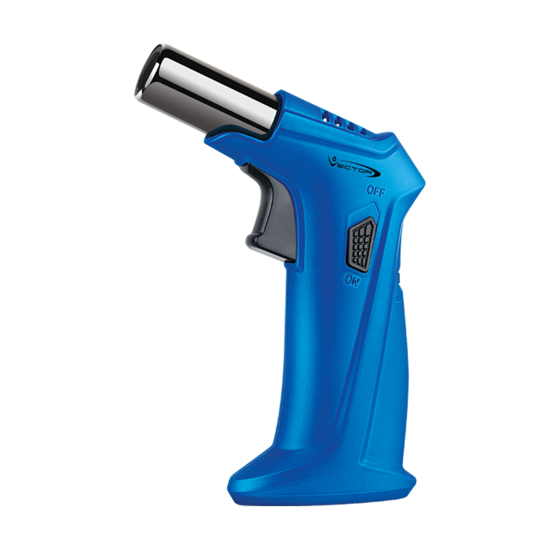 A close-up, angled view of the Vector Clash Mini Torch, showcasing its black and blue plastic body.