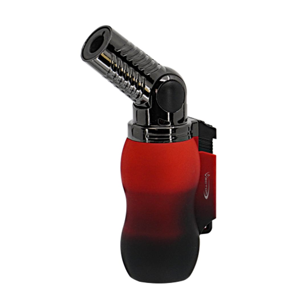 A close-up, angled view of the Vector Vantage Mini Torch with a red and black body.