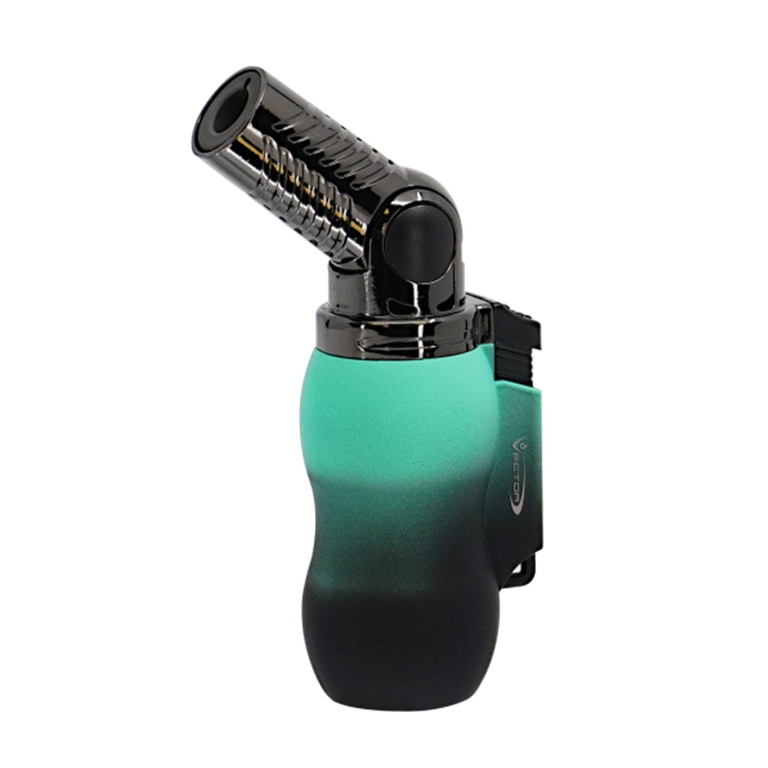 A slightly angled close-up of the Vector Vantage Mini Torch with a black and silver design.