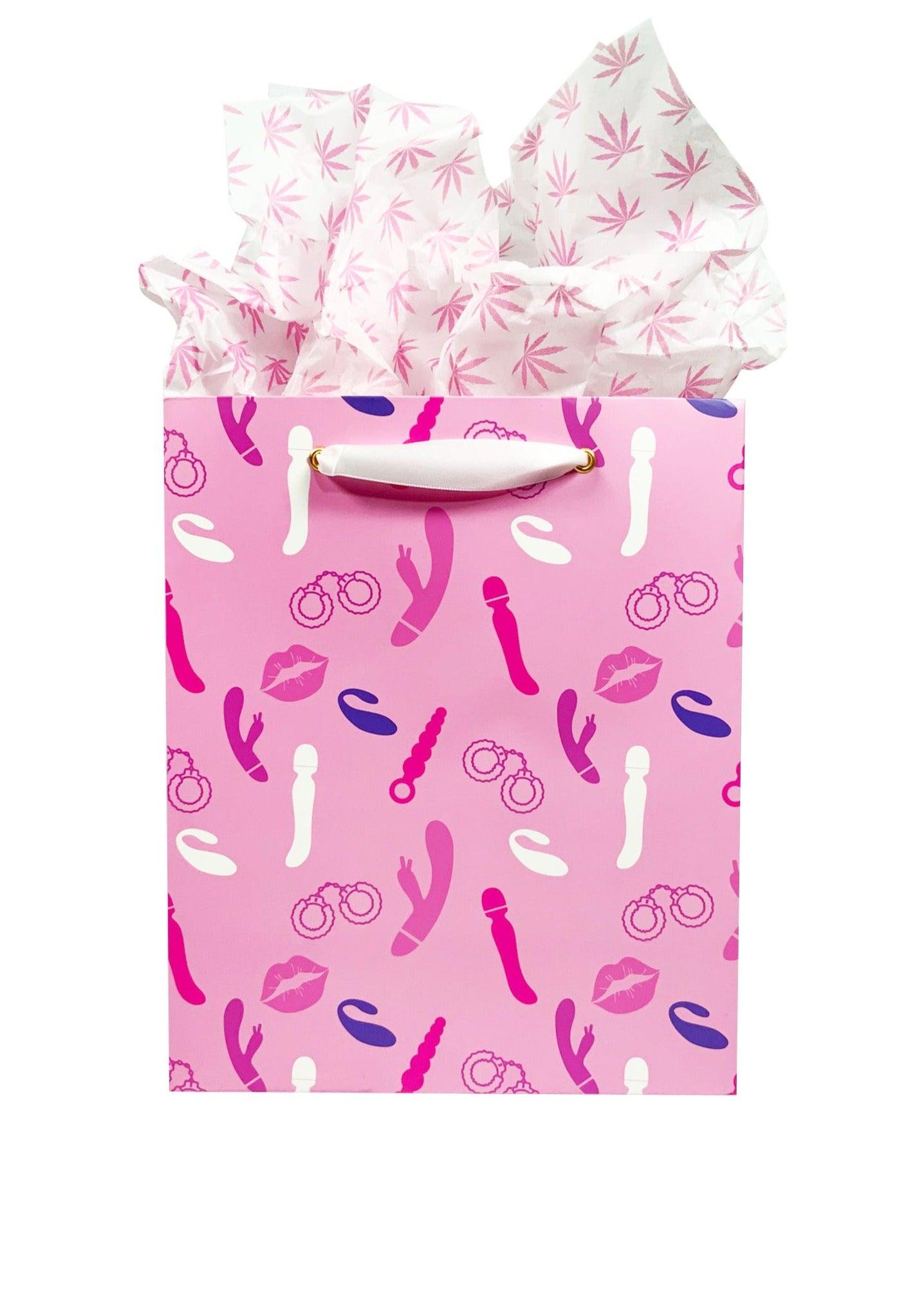 KushKards Gift Bag & Tissue Gift Bag w/ Pink Tissue Paper Vibrator Print Gift Bag