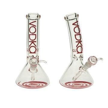 Front view of the 12" 9mm Bent Neck Beaker, showcasing its clear glass construction and simple, curved neck design.