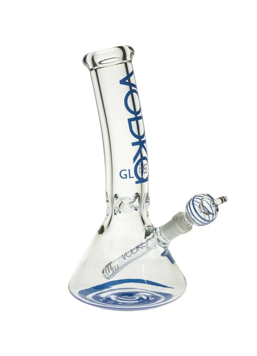 A front view of the 12" 9mm Bent Neck Beaker, showcasing its clear glass construction and gently curved neck.