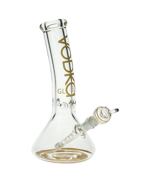 Front view of the 12" 9mm Bent Neck Beaker, showing the clear glass and curved neck design against a plain white background.