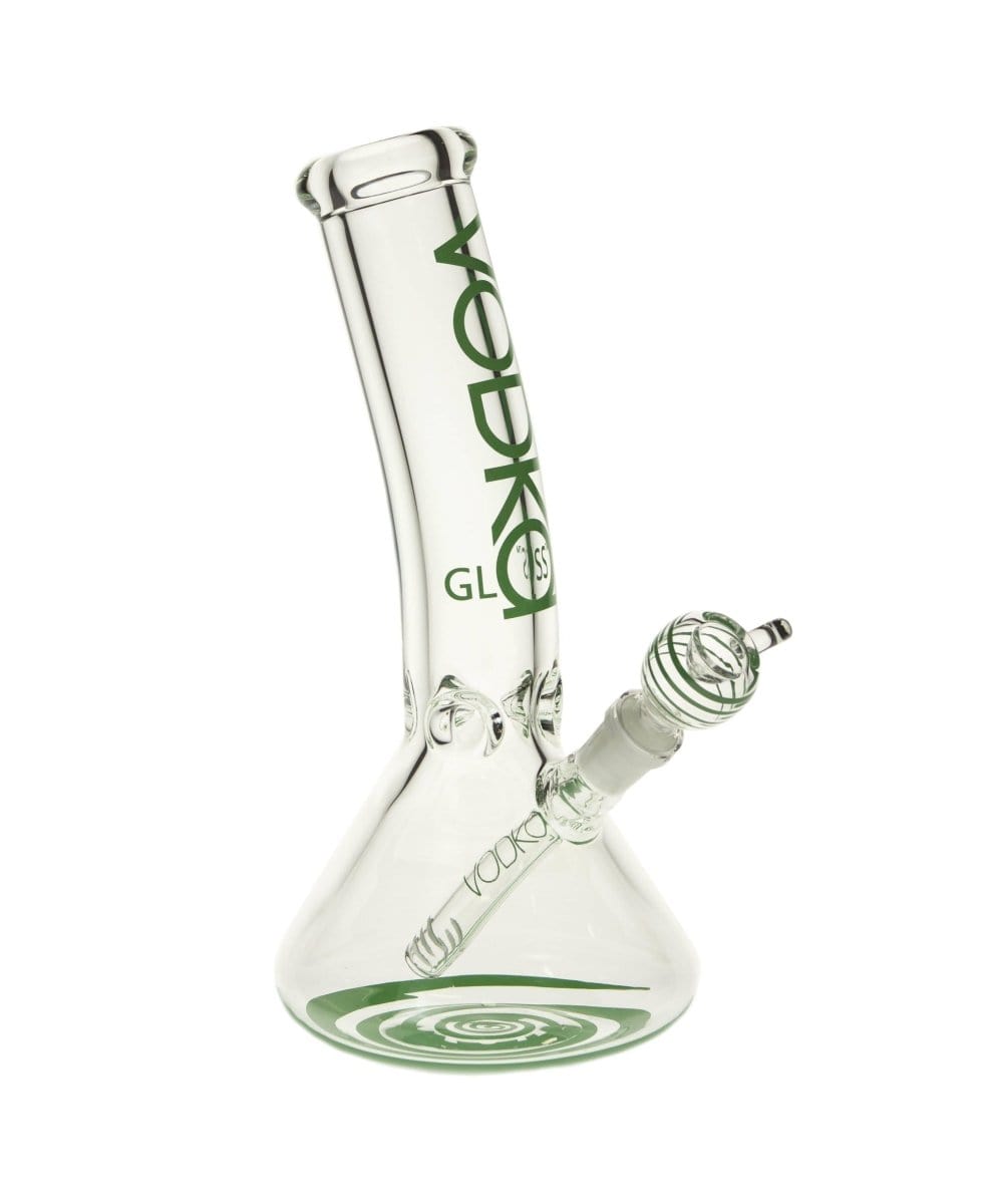 A front view of the 12" 9mm Bent Neck Beaker, displaying its clear glass construction and gently curved neck.