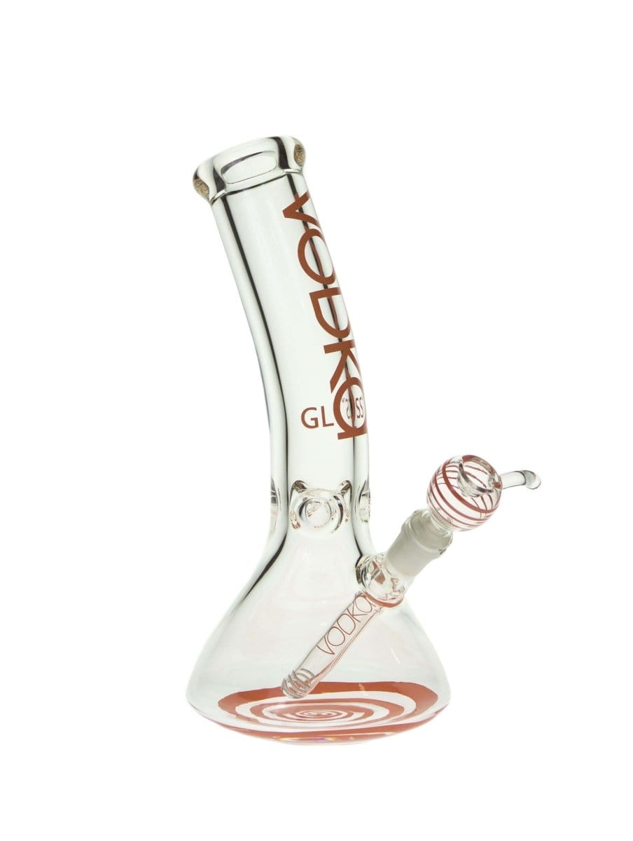 A front view of the 12" 9mm Bent Neck Beaker, showing the clear glass with a gently curved neck and simple form.