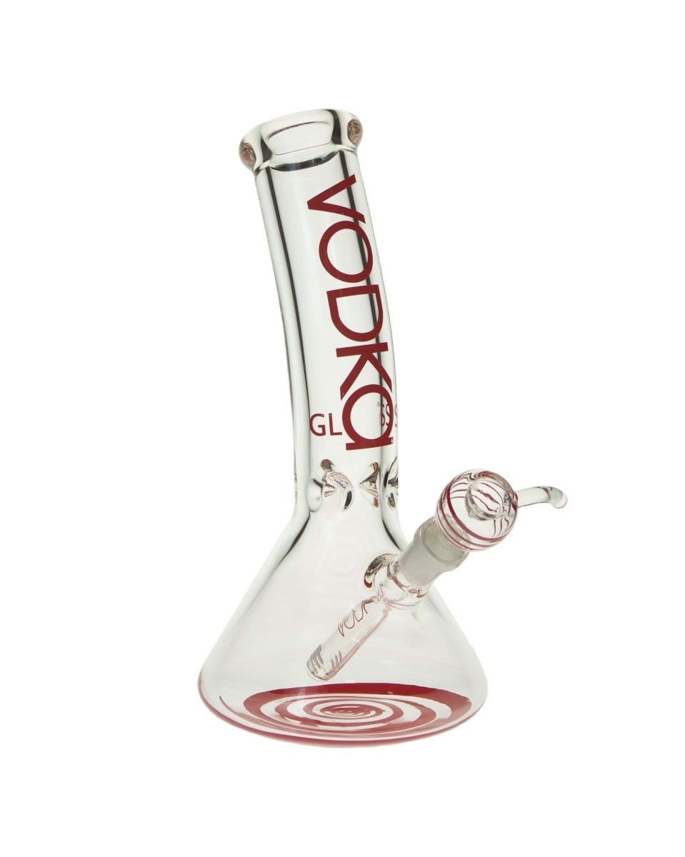 A front view of the 12" 9mm Bent Neck Beaker, showing its clear glass construction and simple, angled design.
