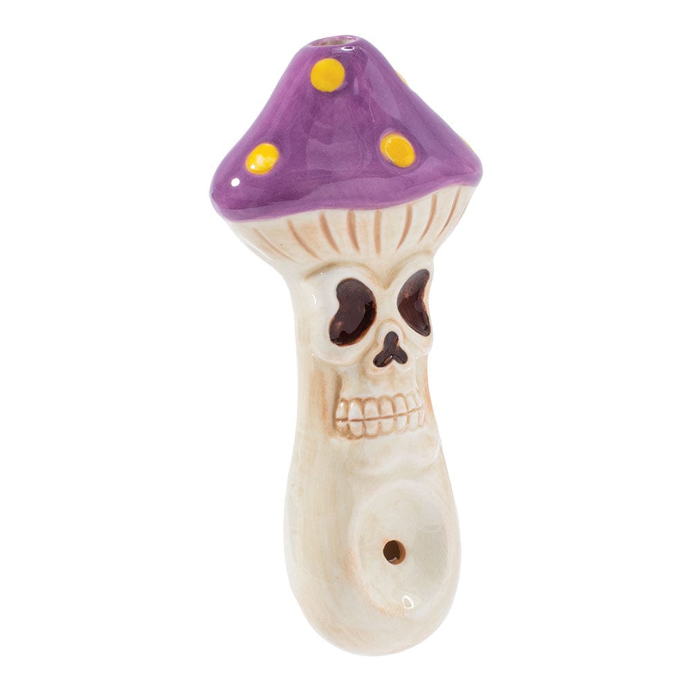 Front view of the Skull Mushroom Ceramic Pipe, showcasing its detailed ceramic mushroom cap and smooth, sculpted base.