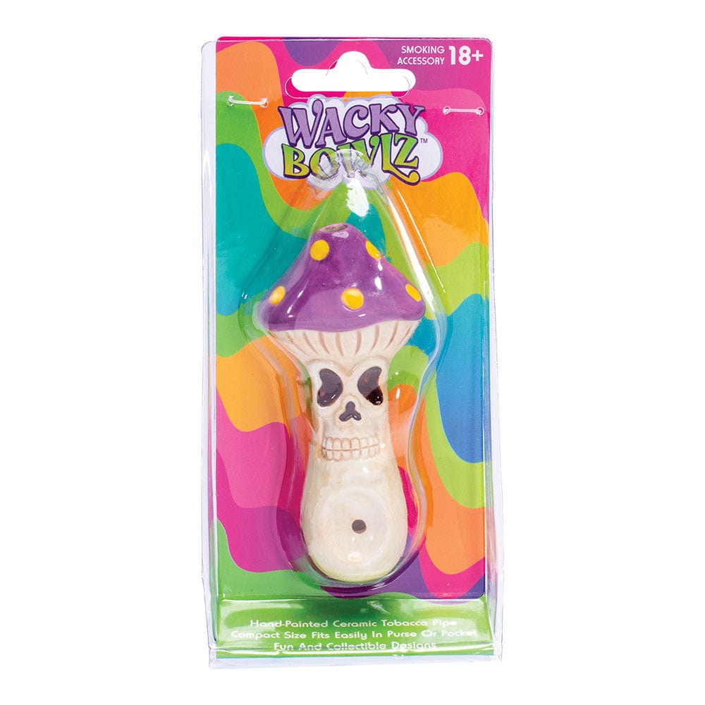 A vibrant, front view of the Skull Mushroom Ceramic Pipe, showcasing its detailed, sculpted design against a plain white backdrop.
