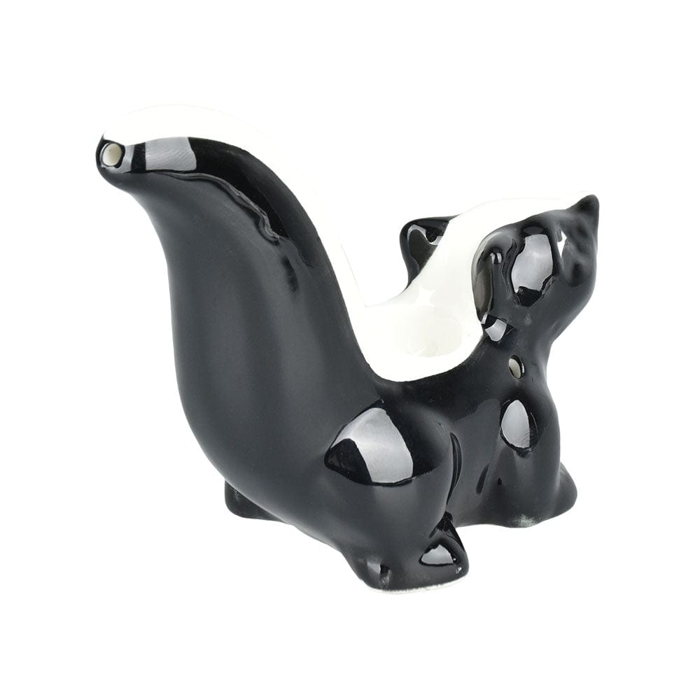 A slightly angled view of the 4.5" Skunk Ceramic Hand Pipe, showcasing its detailed ceramic design.