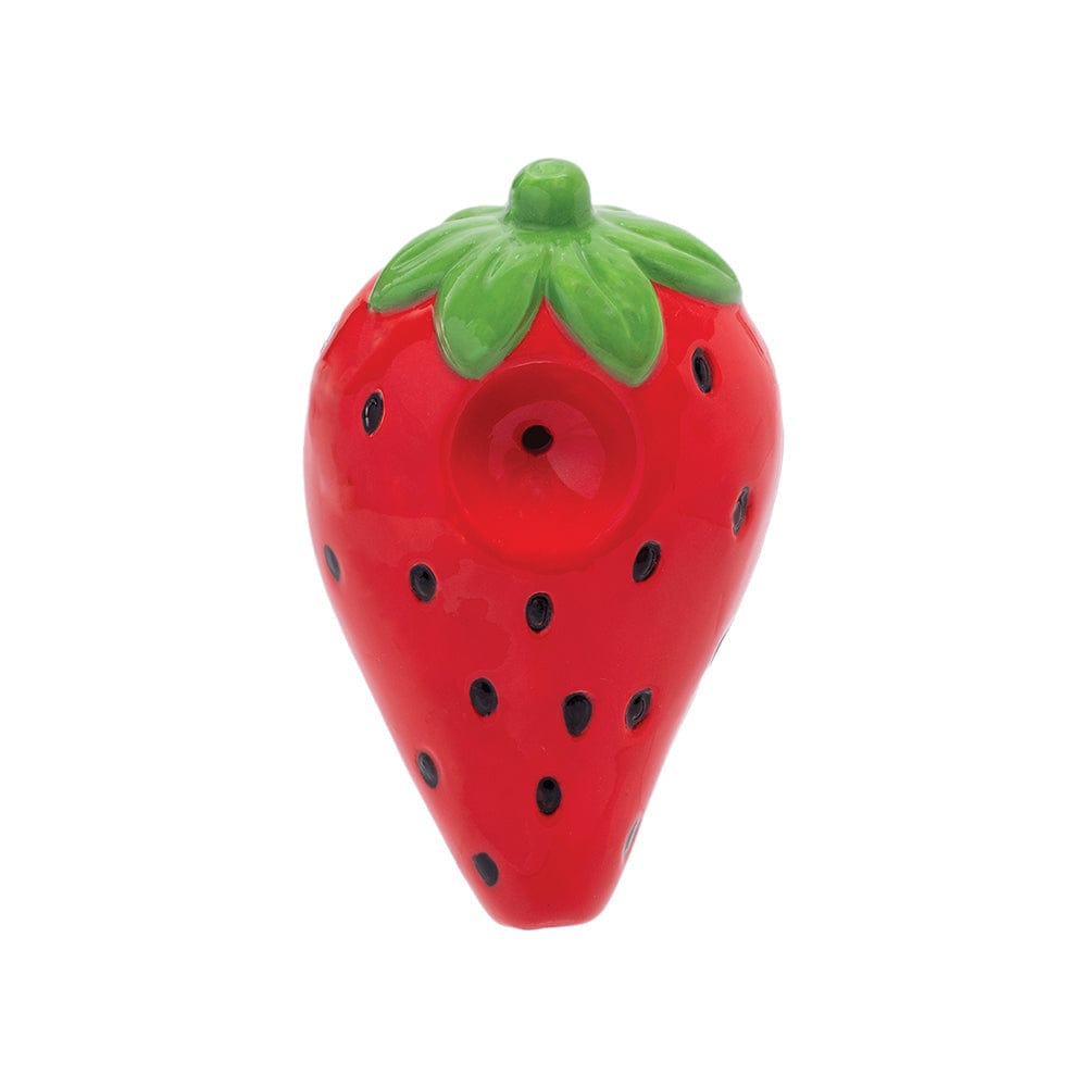 Front view of the 3.5-inch Strawberry Ceramic Hand Pipe, featuring a vibrant red finish and detailed ceramic construction.