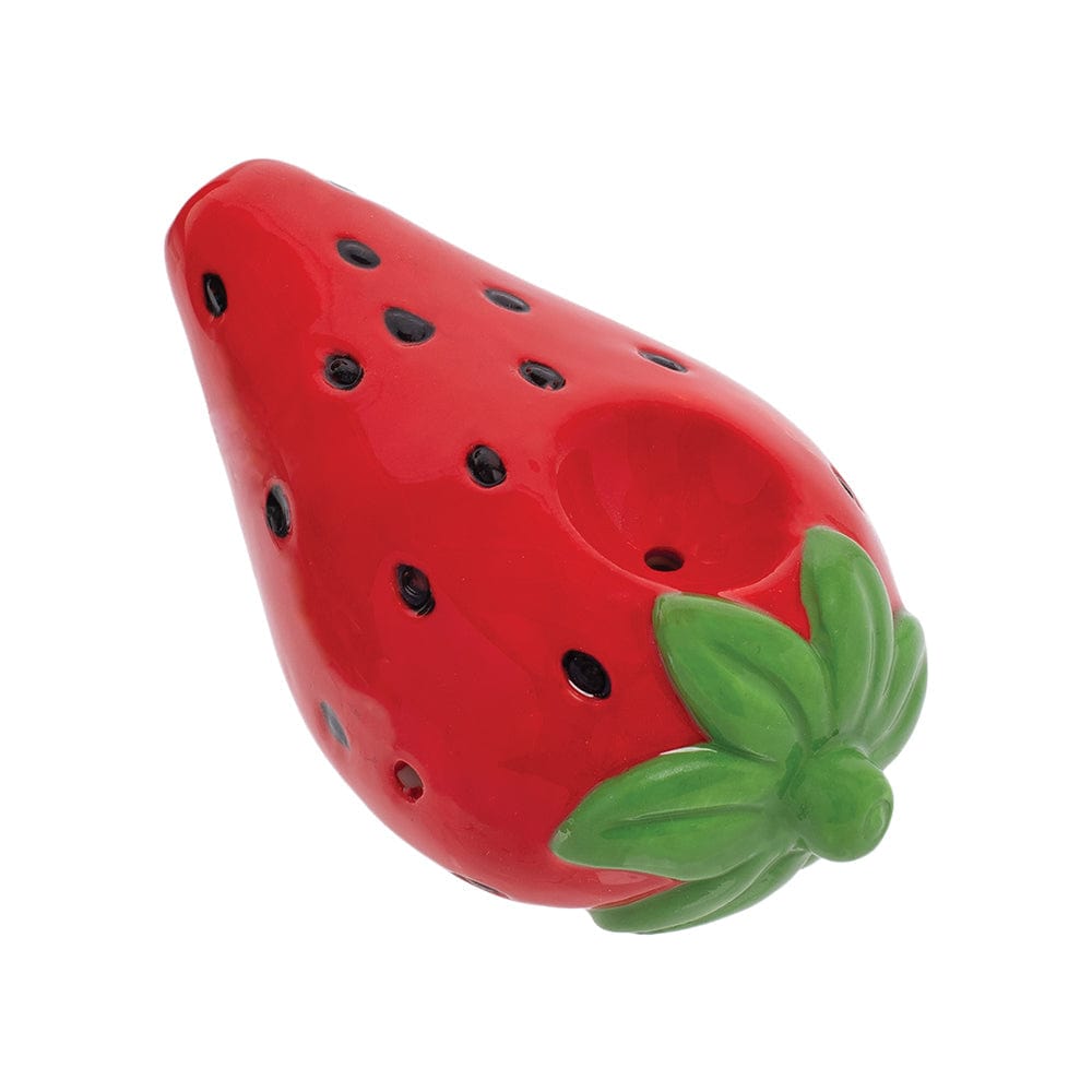A detailed view of the 3.5-inch Strawberry Ceramic Hand Pipe, showcasing its red, strawberry-shaped design.