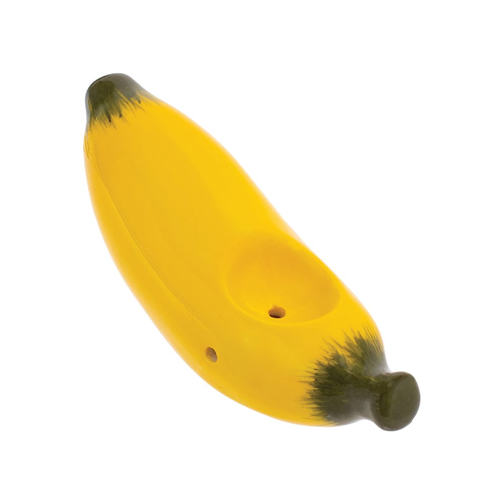 A slightly angled view of the Wacky Bowlz Banana Ceramic Hand Pipe, showing its curved shape and ceramic finish.