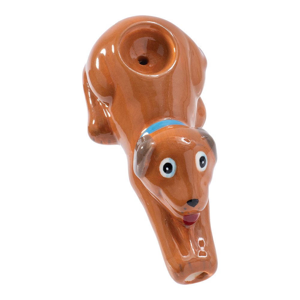 A side view of the Wacky Bowlz Brown Dog Ceramic Pipe, shaped like a dog’s head with a smooth, glossy finish.