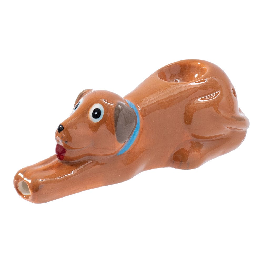 A side view of the Wacky Bowlz Brown Dog Ceramic Pipe, sculpted as a playful canine figure in a glossy brown finish.
