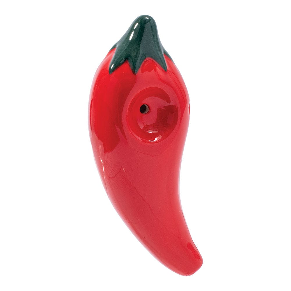 A front view of the Wacky Bowlz Chili Pepper Ceramic Hand Pipe, showing the red ceramic pipe shaped like a chili pepper.