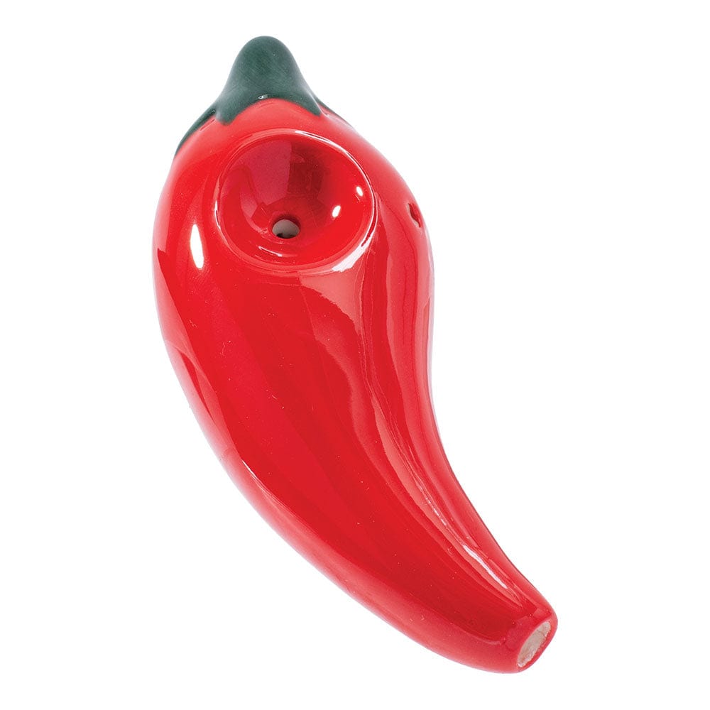 A studio shot of the Wacky Bowlz Chili Pepper Ceramic Hand Pipe, displaying its vibrant red ceramic finish and playful design.