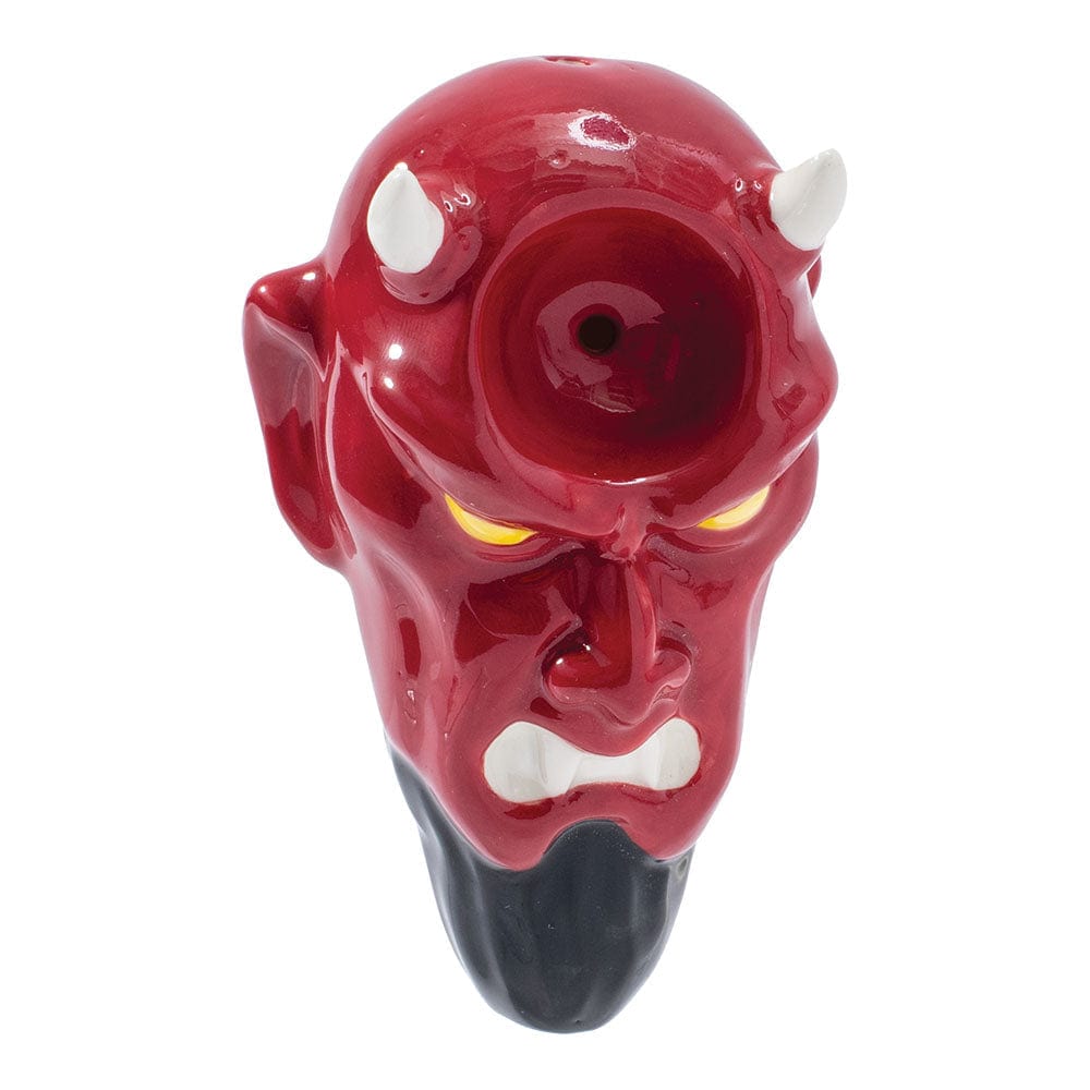 A close-up, angled view of the Wacky Bowlz Devil Ceramic Hand Pipe, sculpted as a red devil head.