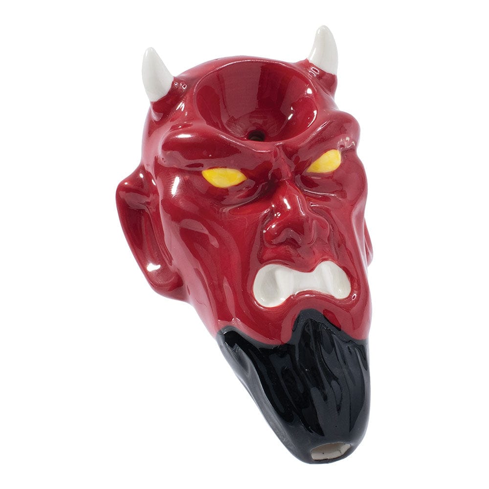 A detailed studio shot of the Wacky Bowlz Devil Ceramic Hand Pipe, showcasing its sculpted, red ceramic design.