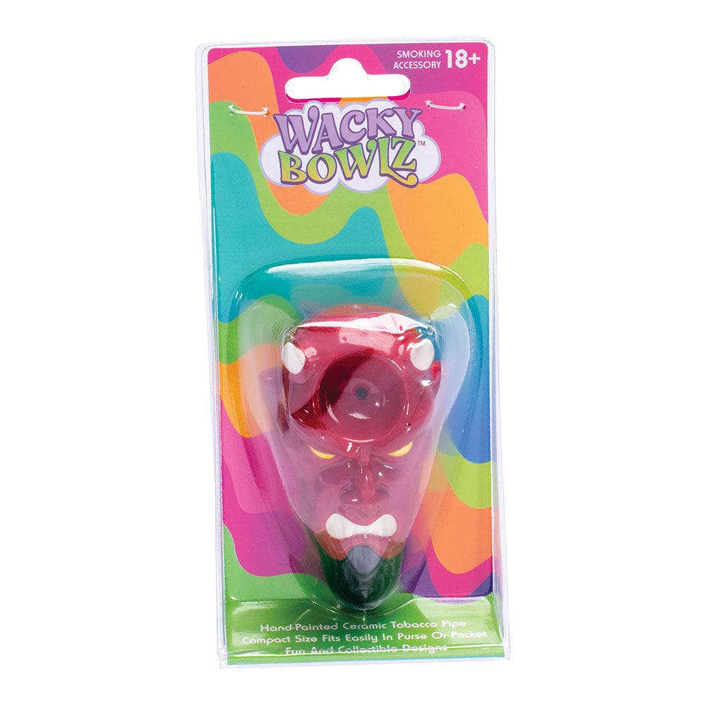 A close-up, front view of the Wacky Bowlz Devil Ceramic Hand Pipe with a red, sculpted devil design.
