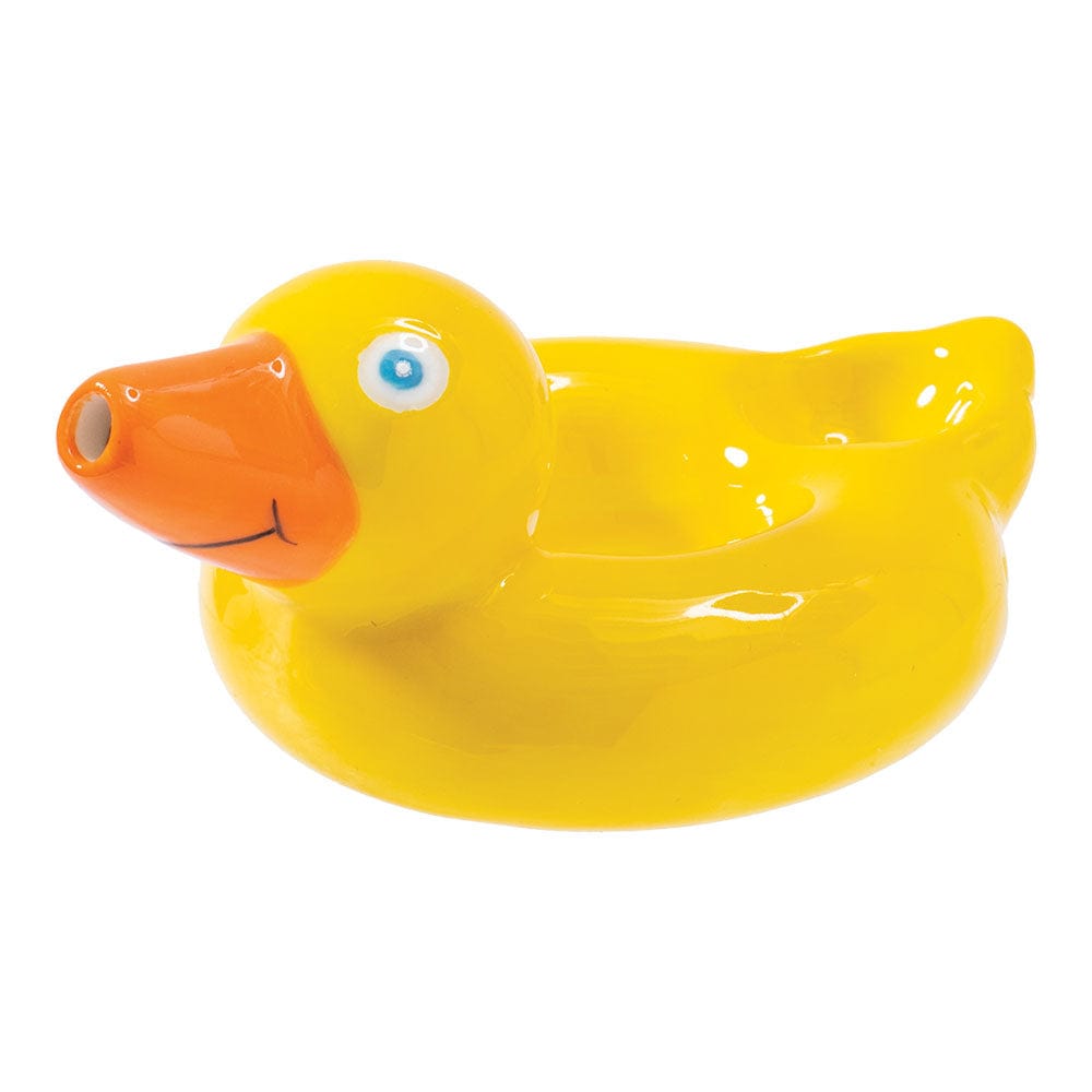 Front view of the Wacky Bowlz Ducky Life Saver Ceramic Pipe, a glossy yellow pipe shaped like a duck's head.