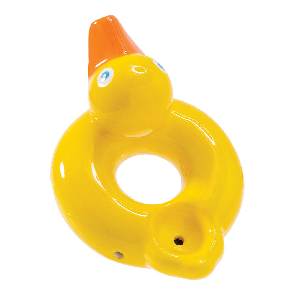 Front view of the Wacky Bowlz Ducky Life Saver ceramic pipe, resembling a yellow life preserver with a sculpted duck head.