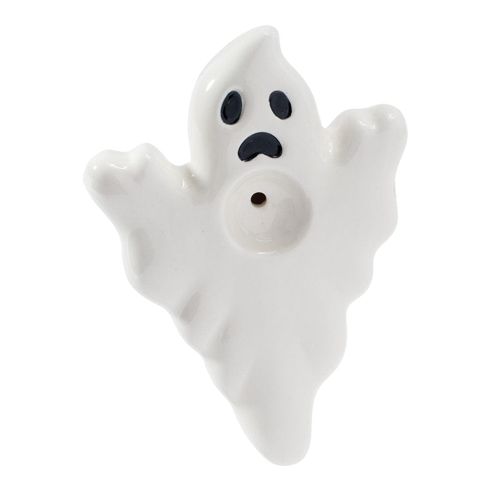 A front view of the Wacky Bowlz Ghost Ceramic Hand Pipe, showing the white, ghost-shaped ceramic design.