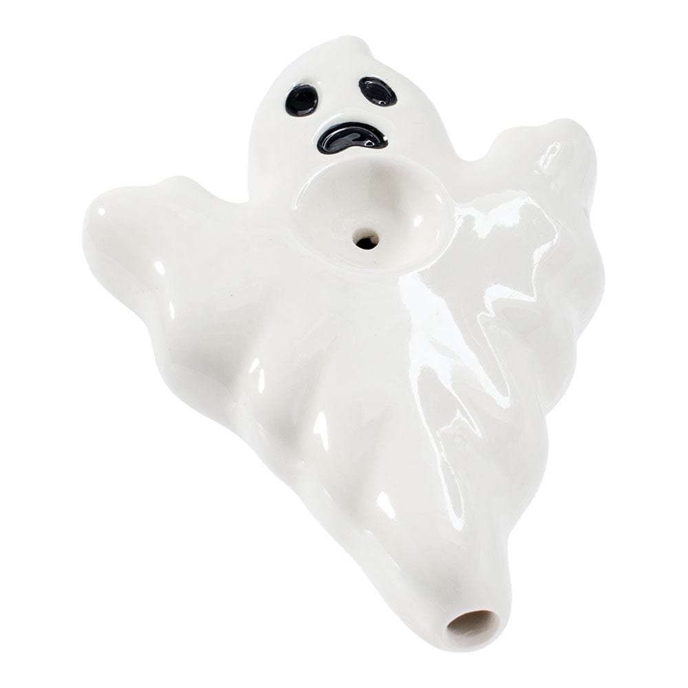 A front view of the Wacky Bowlz Ghost Ceramic Hand Pipe, showcasing its sculpted ceramic design against a plain white background.