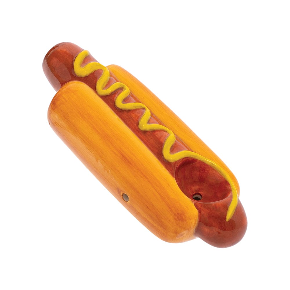 A close-up shot of the Wacky Bowlz Hot Dog Ceramic Hand Pipe, resembling a hotdog with ceramic material.
