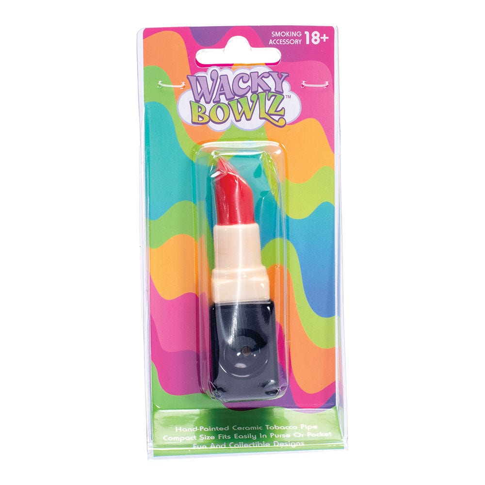 A close-up, angled view of the Wacky Bowlz Lipstick Ceramic Hand Pipe, showcasing its glossy, red finish.