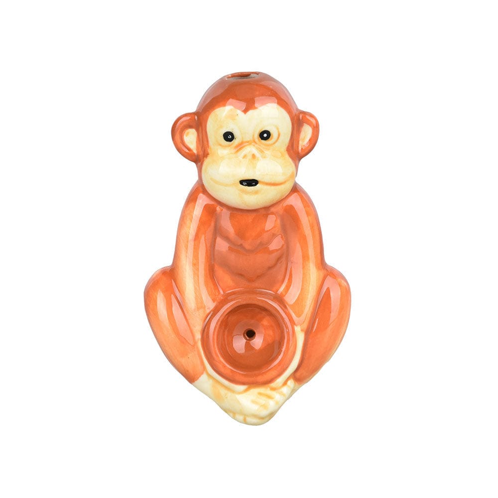 Front view of the Wacky Bowlz Monkey Ceramic Hand Pipe, a sculpted ceramic piece resembling a monkey.