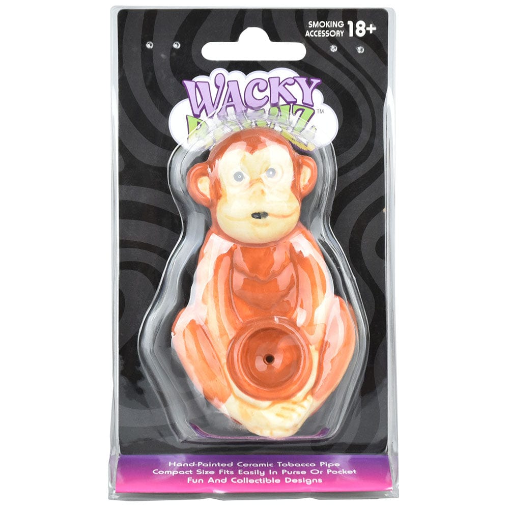 A front view of the Wacky Bowlz Monkey Ceramic Hand Pipe, showcasing the detailed ceramic sculpture and colorful design.