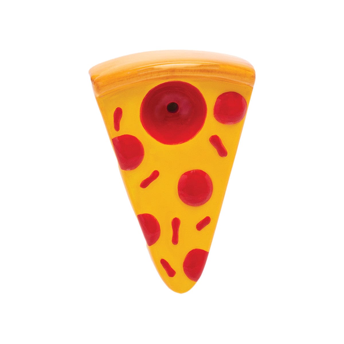 A front view of the 3.25” Wacky Bowlz Pizza Ceramic Hand Pipe, resembling a slice of pizza with a textured ceramic finish.