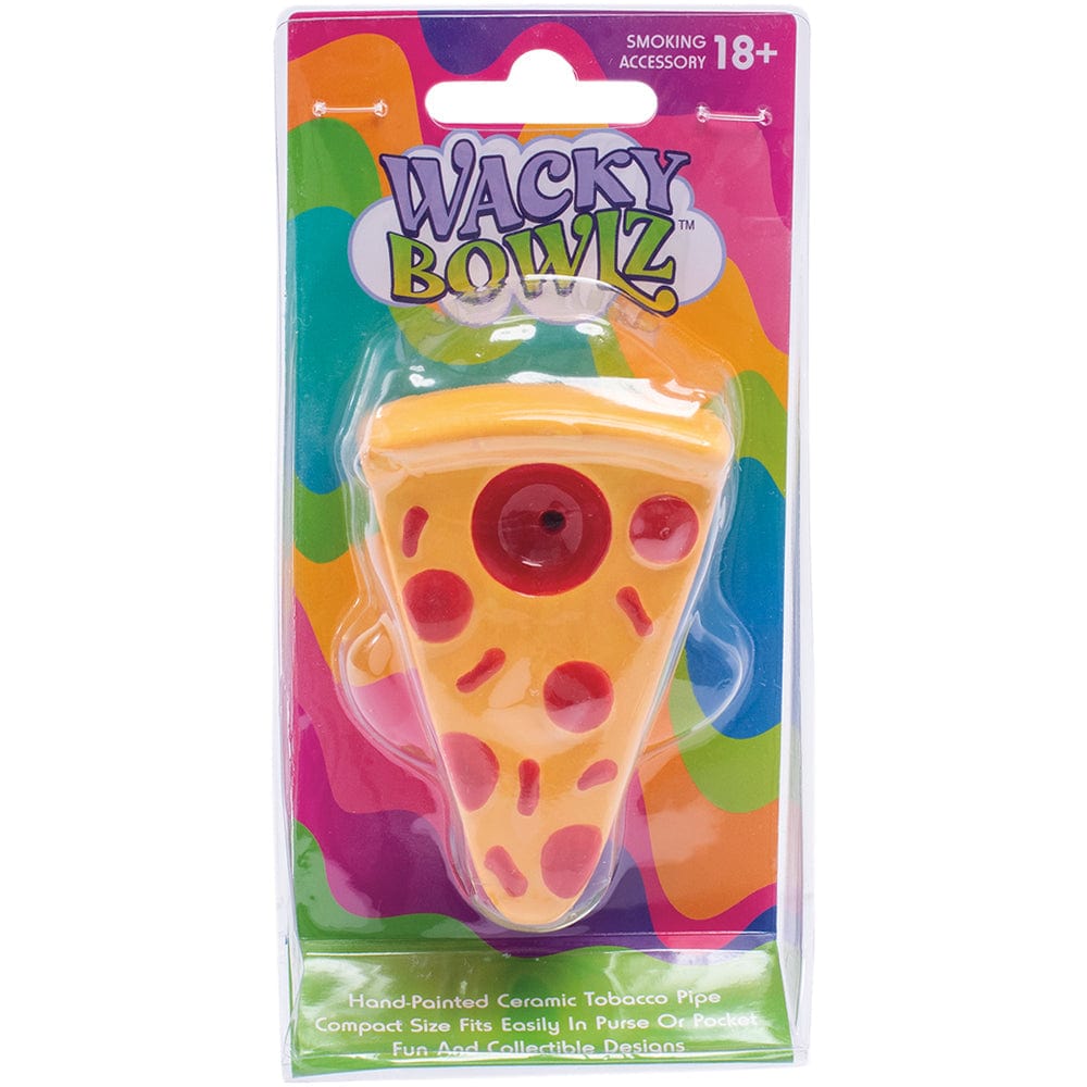 A vibrant, front-view shot of the Wacky Bowlz Pizza Ceramic Hand Pipe, displaying a colorful, 3.25" pizza-slice design in a plastic package.