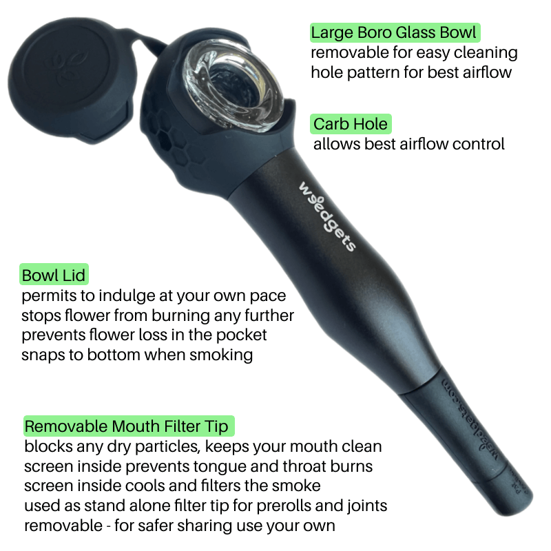 A close-up shot of the Weedgets Maze-X Pipe, showing its black, textured surface and potential for airflow.