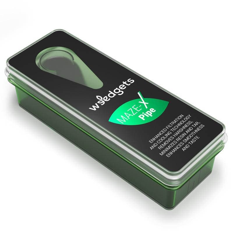 A close-up shot of the Weedgets Maze-X Pipe, showcasing its sleek design and a reflective surface against a dark backdrop.