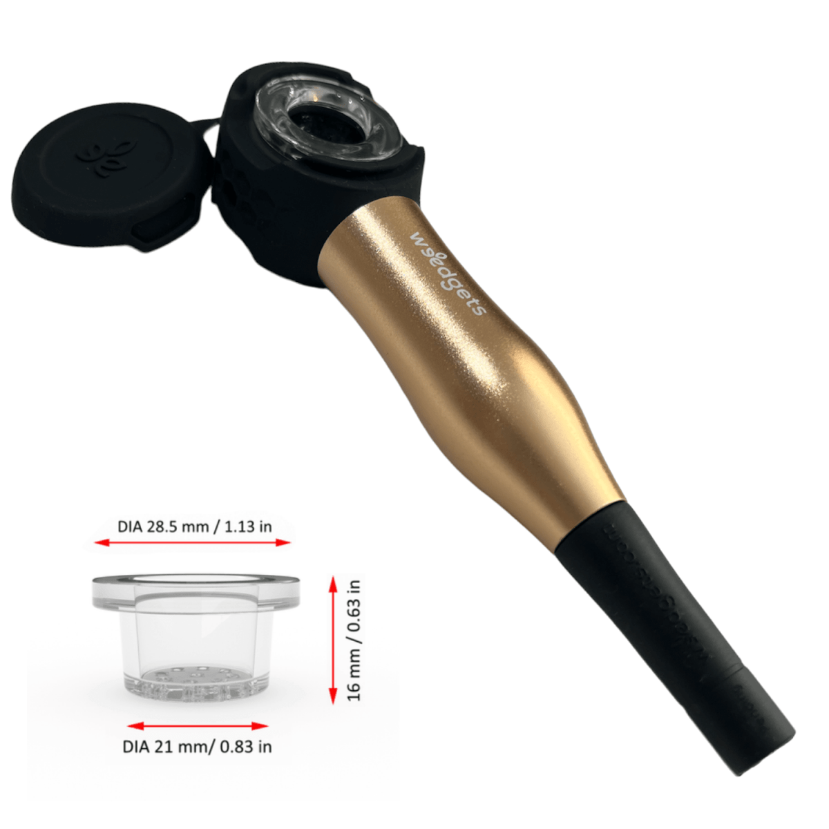 A side view of the Weedgets Maze-X Pipe, showcasing its sleek, metallic finish and cylindrical shape.