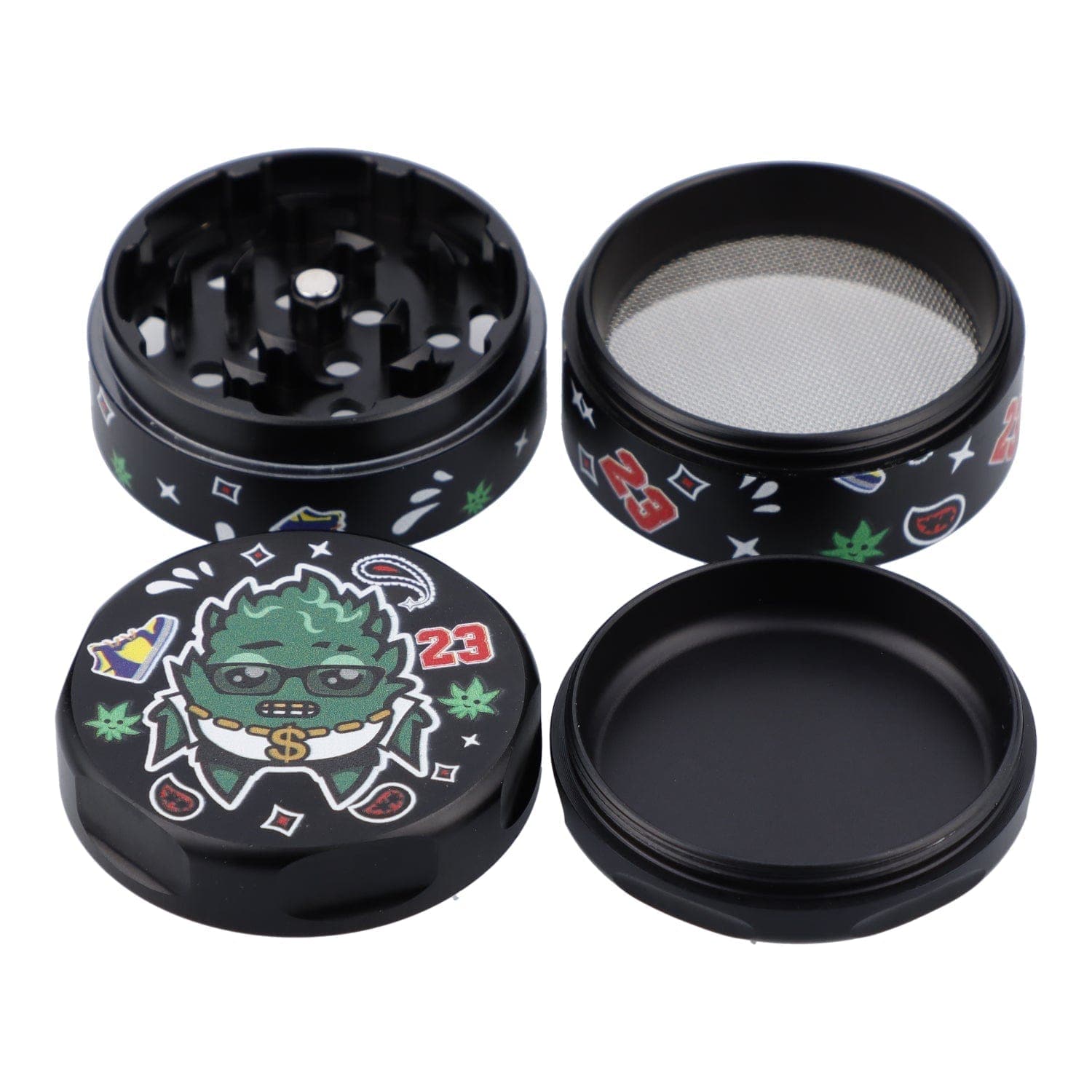 A close-up, top-down view of the black 55mm OG Kush 3 Stage Grinder, displaying its multi-tiered metal construction.